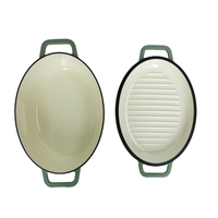 Cocotte ovale en fonte émaillée avec couvercle grill réversible, ustensile de cuisson 2-en-1 rose
