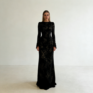 Abiti da Donna Neri con Motivo Dorato, Collo Tondo, Maniche Lunghe, Polsini Arricciati, Aderenti in Velluto, Eleganti e Formali, Vestiti Lunghi da Donna - Product Image 1