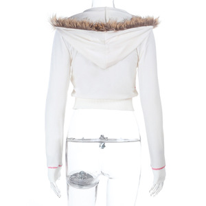 Giacca da <span class=keywords><strong>Donna</strong></span> alla Moda <span class=keywords><strong>con</strong></span> Maniche Lunghe, Zip Frontale, Cappuccio in <span class=keywords><strong>Pelliccia</strong></span>, Velluto, Poliestere, Antivento, Spessa, Casual, Corta, Prodotto di Tendenza 2026 - Product Image 4