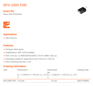 Capteur de pluie OSRAM SFH 2400 FAR 900 nm 5 ns 120 3SMD Photodiode PIN en silicium 20 V - Product Image 2