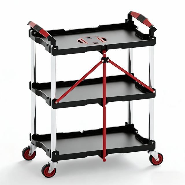 3-Tier Folding Service Cart Heavy Duty Plastic Utility Cart with Wheels for Car Wash Garage Warehouse Workshop SP00868