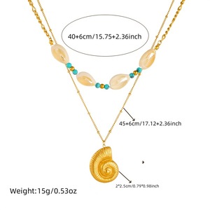 Retro Turquoise Conch Shell Layered Necklace Gold Pendant Stainless Steel Double Chain Stackable Fashion Jewelry - Product Image 4