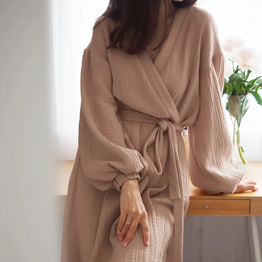 Early Spring New French INS Solid Color Cardigan Robe Double Gauze Cotton Casual Fashion Home Pajamas Women's Cotton