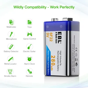 Batería NiMH de 9 voltios 280mAh 6F22 9V Batería recargable NiMH Batería 9V para micrófono