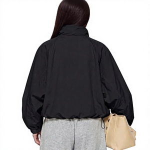 Wholesale Premium Ladies Cropped <b>Windbreaker</b> Jacket Minimalist <b>Black</b> Oversized Silhouette High Collar Fashion Outerwear - Product Image 2