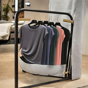 Tops en jersey de polyester doux pour femmes 2025, couleur radieuse basique, manches courtes, coupe ample, col montant, imprimé estival, style doux - Product Image 3