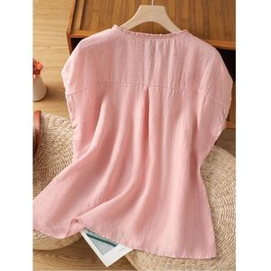 Pink Cotton Linen Blouse Women Short Sleeve Button Front Vintage Style Everyday Shirt - Product Image 2