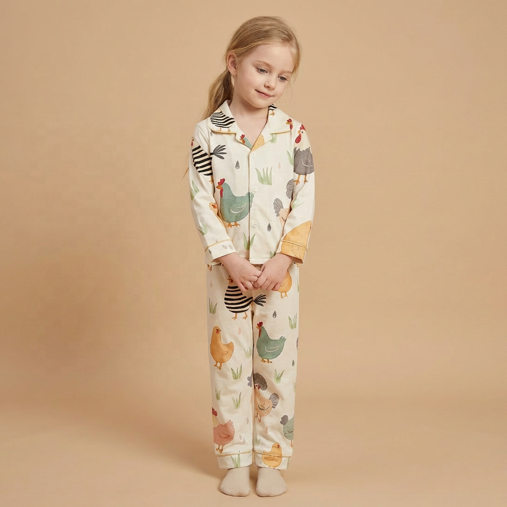 Custom Organic Comfortable Soft Button Kids Pjs Sets Two Piece Girls Cotton Bamboo Fiber Long Sleeve Pajamas Cartoon Animal