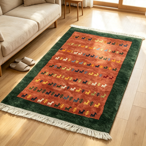 Alfombra de Lana Anudada a Mano al por Mayor de Fábrica, Color Rojo Óxido con Borde Verde Oscuro, Patrón de Ciervo para Decoración de Pisos, 82*128cm - Product Image 5