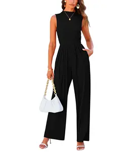 Womens Tùy Chỉnh Mùa Hè Áo Liền Quần Dressy Giản Dị Một Mảnh Trang Phục Không Tay Mock Cổ Rộng Quần Chân Rompers Với Túi