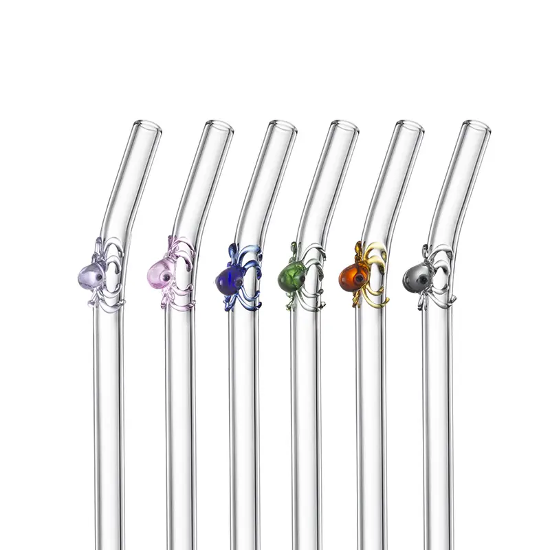 Reusable Shatter Resistant Bent Drinking Cute Custom Art Color Clear Cocktail Octopus Glass Straws With 2 Cleaning Brushes