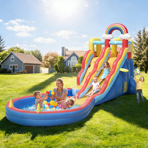 Tobogán Acuático Inflable <span class=keywords><strong>con</strong></span> Temática Arcoíris para Jardín, Combo Inflable <span class=keywords><strong>con</strong></span> Pared de Escalada, <span class=keywords><strong>Piscina</strong></span> de Pelotas, Juego de Lanzamiento de Anillos y Canasta de Baloncesto - Product Image 1