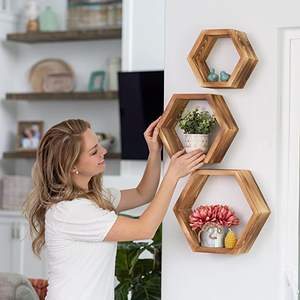 JUNJI-<span class=keywords><strong>estantes</strong></span> hexagonales de madera <span class=keywords><strong>para</strong></span> pared, panal flotante rústico bohemio <span class=keywords><strong>para</strong></span> dormitorio, baño, sala de estar y oficina - Product Image 4