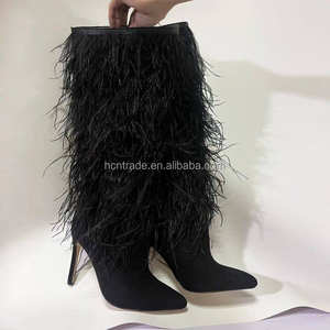 Tüyler ile meşgul kız N4784 diz çizmeler moda lüks yüksek topuklu özel boyut 12 açık mavi siyah bulanık faux devekuşu kürk çizmeler - Product Image 4