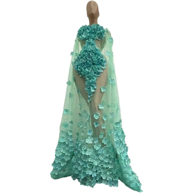Vestido longo de sereia, flor azul 3d, strass, sexy, transparente, traje de aniversário, baile, festa de casamento, à noite