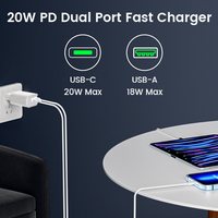 Chargeur mural double USB certifié CE Rohs EU, 20W PD + 18W QC, avec câble USB-C supplémentaire de 1 m pour appareils mobiles