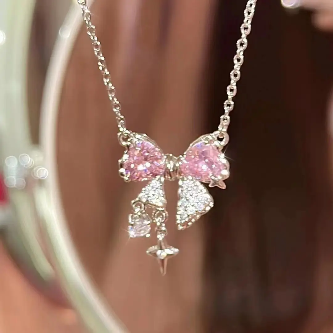 Модные женские розовые циркониевые украшения с бантом элегантное простое и легкое Роскошное винтажное ожерелье