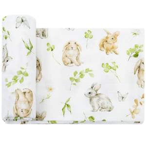 100% coton mousseline 2 couches bébé couverture Premium doux Durable blanc lapin vert feuille imprimer nouveau-né Swaddle couverture - Product Image 1