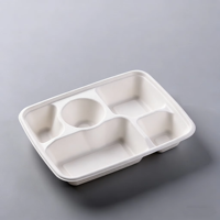 Plateau de repas scolaire jetable, écologique, biodégradable, en bagasse de canne à sucre blanche, 5 compartiments, assiette jetable