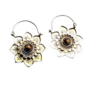 <b>Gold</b> Plated Flower Shape Tribal Boho Hoop Earrings Religious Style Tiger Hoop with <b>Number</b> Pattern - Product Image 3