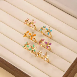 Vente en gros de fleurs en émail coloré anneau ouvert pour femmes en acier inoxydable couleur or anneaux de mode bohème bijoux cadeau - Product Image 2