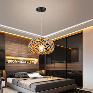 Lampe suspendue en rotin rétro transfrontalière, installation de projet, <span class=keywords><strong>hauteur</strong></span> réglable, LED à intensité variable, salon, chambre à coucher, chevet - Product Image 5