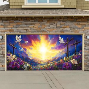 ป้ายตกแต่งประตูโรงรถธีมอีสเตอร์ ลายพระอาทิตย์ขึ้น นกพิราบ และกางเขนดอกไม้ ผ้าคลุมประตูโรงรถขนาดใหญ่ ของตกแต่งธีมฤดูใบไม้ผลิสำหรับกลางแจ้ง - Product Image 3