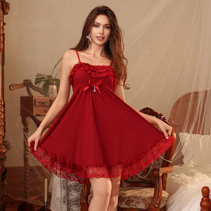 Camisón de encaje rojo con tirantes finos y lazo decorativo para mujeres con curvas, estilo fluido de malla, para <span class=keywords><strong>noches</strong></span> románticas 2026 - Product Image 1