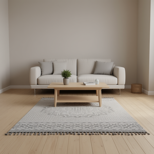 Alfombra Rectangular Gris Blanca con Medallón, 5x7, para Interiores y Exteriores, Tejido Plano de Polipropileno, Estilo Clásico, Impermeable - Product Image 2