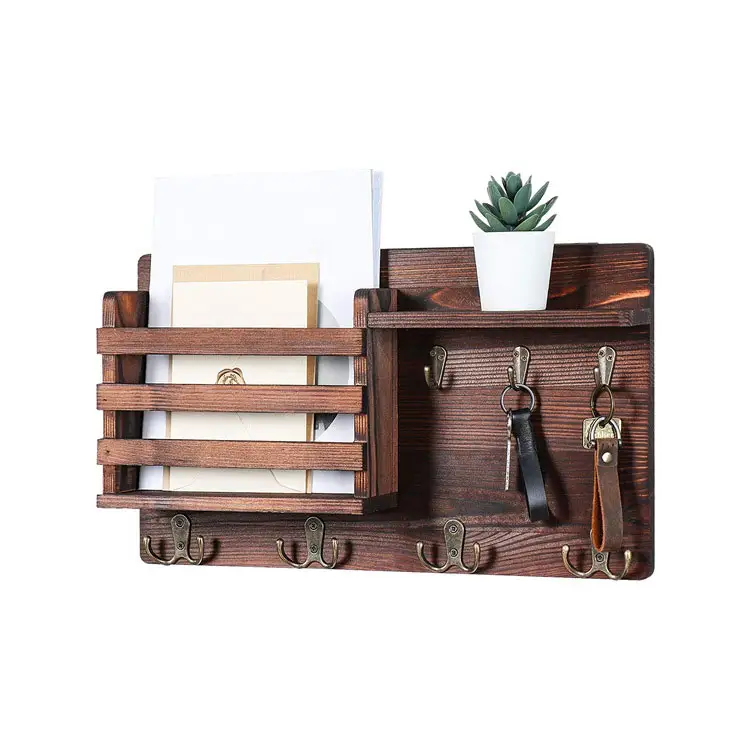 Organizador de madeira marrom, suporte de parede para chave, organizador de correio, prateleira de madeira, suporte para chave, casaco