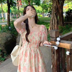 Floral Print Puff Sleeve <b>Dress</b> Sweetheart Neck <b>Elastic</b> Waist Pink Long Casual <b>Dress</b> Daily Wear Mori Girl Style - Product Image 3