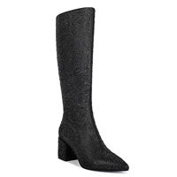Bottes à talon épais à bout pointu WETKISS OEM pour femmes, bottes à cristaux scintillants, bottes noires à mollet large, bottes hautes pour soirée