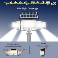 Lampadaire LED solaire transfrontalier à trois têtes, étanche IP65, avec détecteur de mouvement, pour usage domestique, extérieur, cour et route