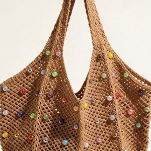 Portable <b>Lightweight</b> Polyester Dot Casual Tote Woven <b>Beach</b> <b>Bag</b> for Seaside Holidays Open Closure Handbags Collection - Product Image 3