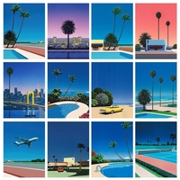 Seni Hiroshi Nagai Cetak Inkjet Bergaya Vintage Nordic Vaporwave dengan Pemandangan Kota Pantai Berbingkai untuk Dinding Latar Belakang Kafe Restoran