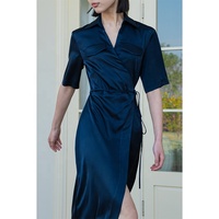 Haute qualité marque privée marque 2024 été femmes élégant belle luxe Satin soie col en V fendu Midi tenue décontractée