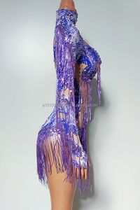 Traje <span class=keywords><strong>de</strong></span> actuación <span class=keywords><strong>de</strong></span> anillo colgante <span class=keywords><strong>de</strong></span> una pieza con borla apretada y sexy <span class=keywords><strong>de</strong></span> cuello alto <span class=keywords><strong>de</strong></span> malla <span class=keywords><strong>de</strong></span> diamante completo <span class=keywords><strong>de</strong></span> una manga - Product Image 2