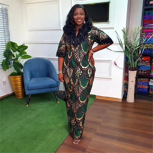 Nuevo Vestido de Mujer con Estampado Africano, Estilo Recto, Largo, de Manga Corta, con Lentejuelas de Satén, a la Moda - Product Image 1