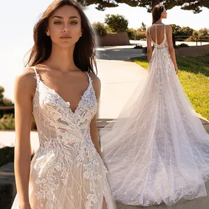 2022 nuovi abiti da sposa eleganti da spiaggia progettati scollo A V senza maniche economico una linea abito da sposa Sexy in Tulle