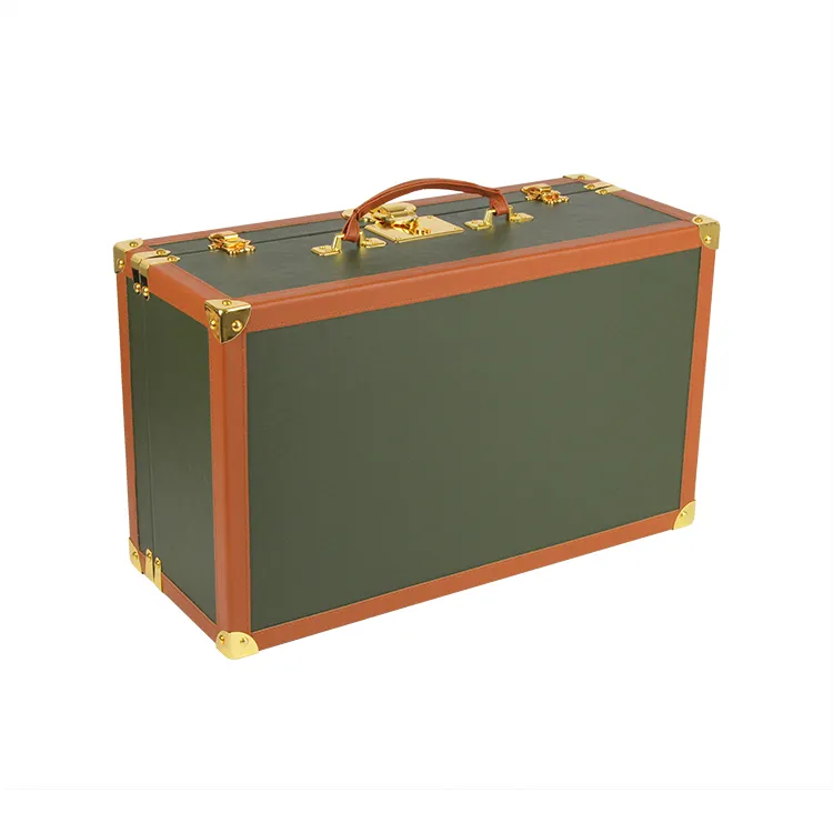Grand coffre de rangement en cuir vert Garniture en cuir orange avec accessoires de verrouillage en métal doré
