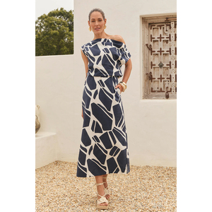 <span class=keywords><strong>Robe</strong></span> <span class=keywords><strong>midi</strong></span> asymétrique à épaules tombantes à imprimés géométriques bleu marine, col bénitier, fentes, poches, respirante, à volants, avec ceinture, en <span class=keywords><strong>lin</strong></span> - Product Image 1
