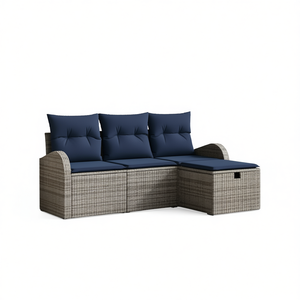 Conjunto de Muebles de Jardín de Ratán Sintético, Sofá de 4 Plazas, Cojines Grises y Azul Marino, Estilo Contemporáneo con Almacenamiento - Product Image 1