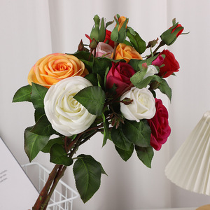 Artificial Roses 3 Heads Silk Flower Handmade Moisturizing Feel Valentine'S Day Wedding Home Decor - Product Image 1