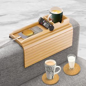 Couch Hacks, Foldable Bamboo Tray With Cup Holder, Couch Arm Table Tray, Bamboo Cup Holder For