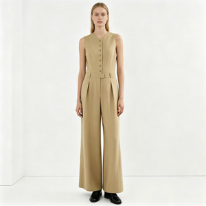 Combinaison pantalon large à col en V et taille haute avec lien sur le devant, personnalisable OEM, très prisée, élégante pour le bureau et le quotidien - Product Image 1