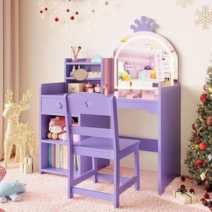 Coiffeuse en bois sur le thème des princesses pour chambre d'enfant avec lumières, ensemble bureau et chaise 2 en 1, étagères ouvertes pour les petites filles - Product Image 2