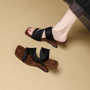 2026 Summer New French Satin square Toe <b>Block</b> Heel Slides Open Toe slip on Elegant Women Outdoor Sandals - Product Image 2