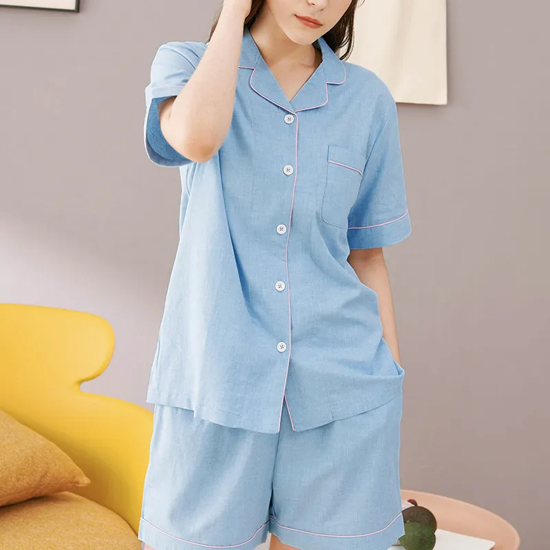 Factory Price Custom Logo Short Sleeve Sleepwear 2 Piece Women Cotton Pyjamas Set