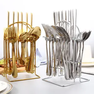 Set sendok emas baja tahan karat penjualan terbaik 24 buah sendok garpu emas Set alat makan klasik dengan dudukan