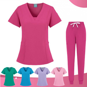 V Neck Short Sleeve Scrub Set Women's Hospital Uniform Knitted Moisture Wicking Split Set Pink Green Blue Purple - Product Image 1